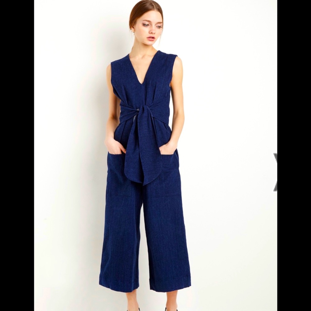 Denim Culotte Wrap Tie Jumpsuit by New Revival